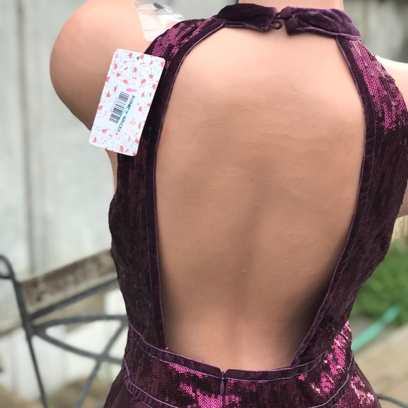 Free people Purple sequin burgundy choker mini dress holiday glam babydoll - Picture 6 of 7